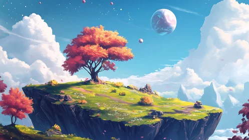 Floating grass plateau with magenta trees under distant planet