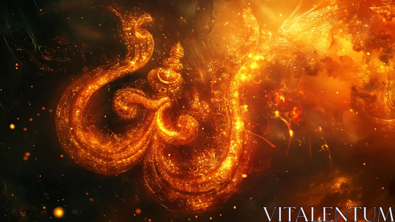 Fiery Om symbol glows within swirling cosmic nebula