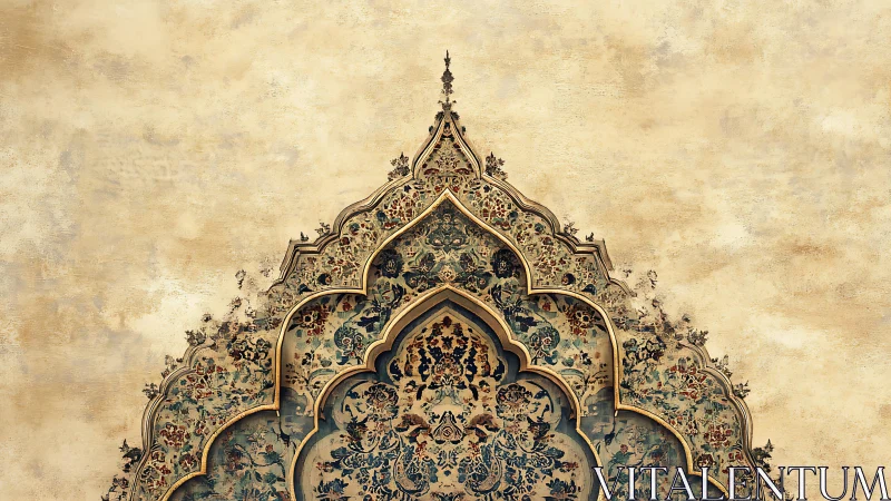 Ornate Islamic arch motif against weathered parchment wall.