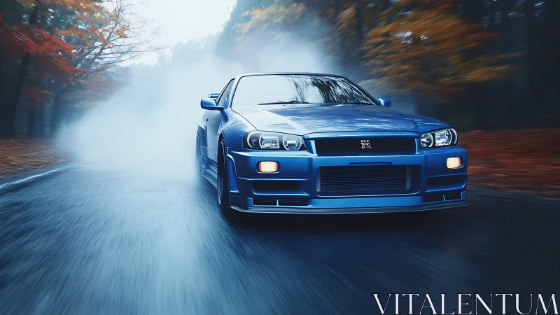 Blue sports coupe drifting on wet forest road in autumn.