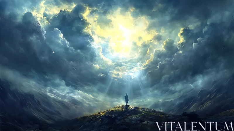 Solitary dreamer bathed in storm-split celestial light.