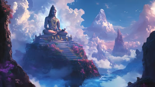 Colossal skyborne deity overlooking stratified cloud peaks.