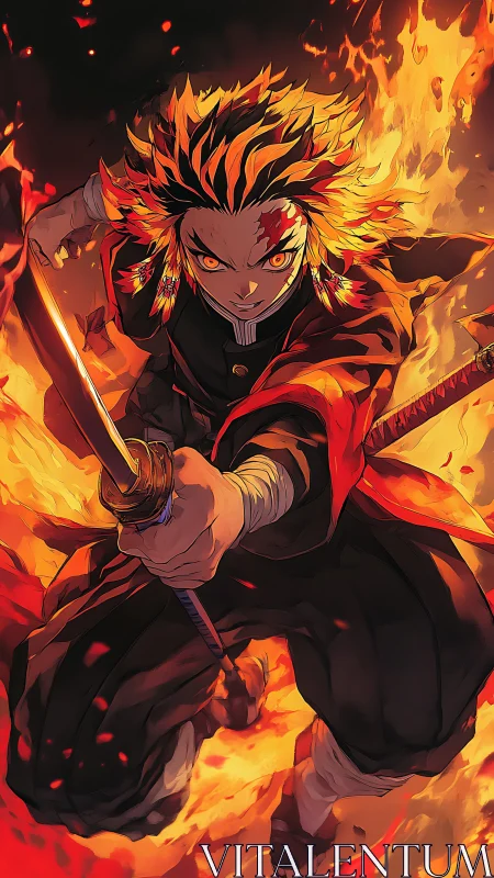 Fiery anime swordsman lunges forward through surrounding flames