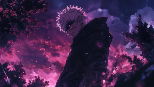 Moody anime wanderer under glowing violet twilight sky.