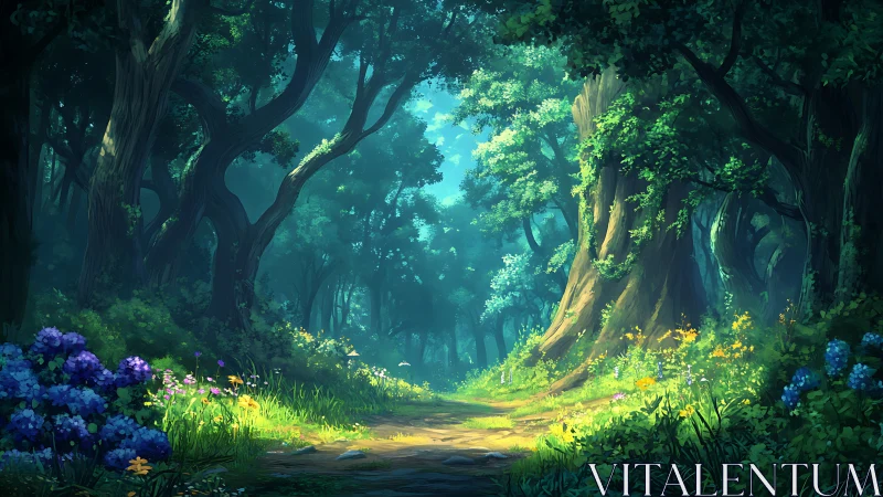 Enchanted Forest Path Through Ancient Trees.