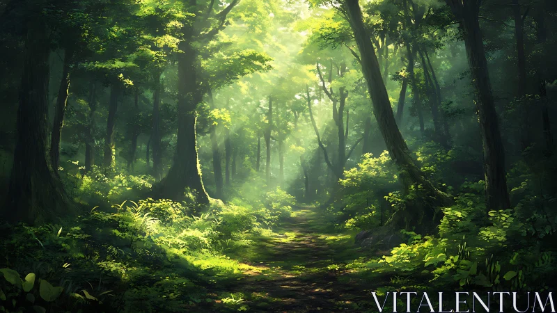 Luminescent Forest Canopy with Atmospheric Light Rays.