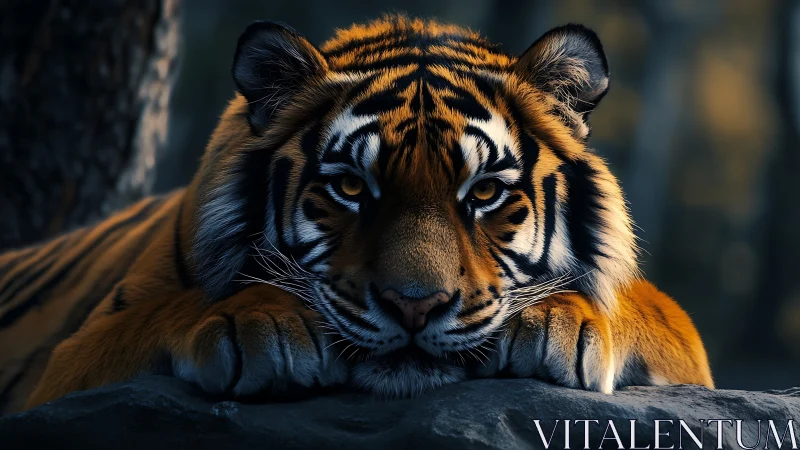 Gentle twilight tiger resting in quiet forest shadows.