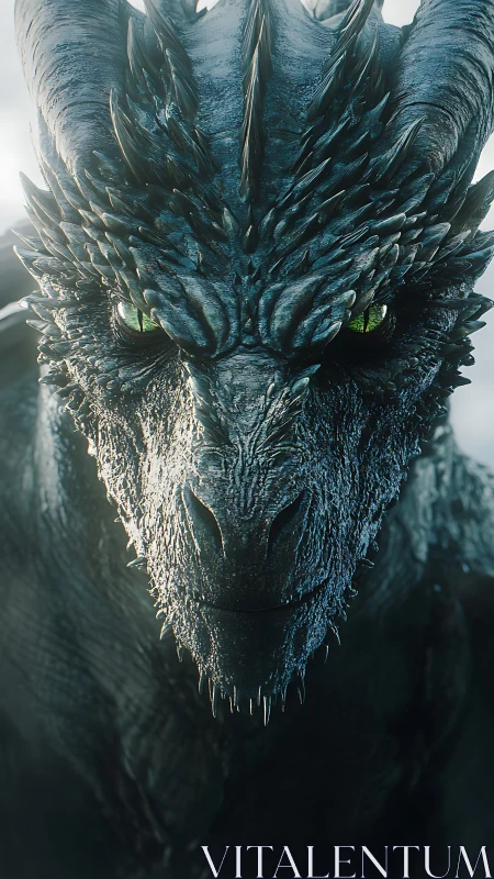 Stormlit black dragon gazes forward with calm intensity