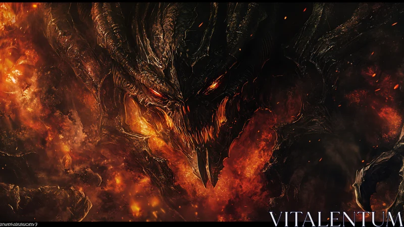 Demonic dragon head emerges from dense fire and molten rock