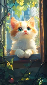 Orange and White Kitten Portrait with Turquoise Eyes at Window.
