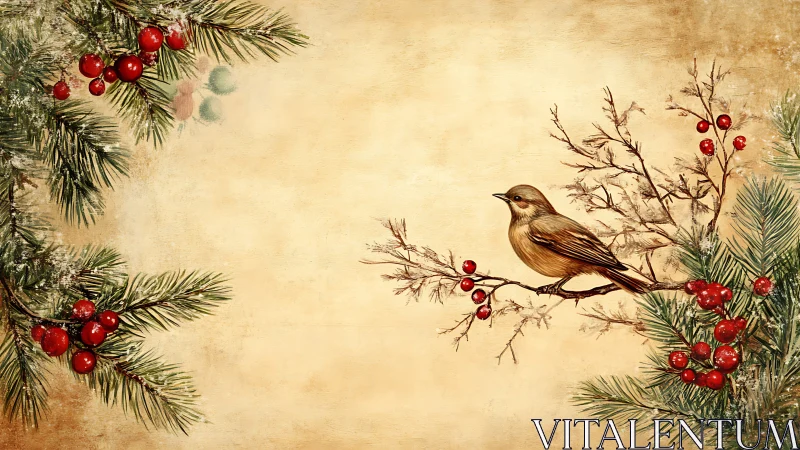 Songbird perches on winter berries against vintage parchment