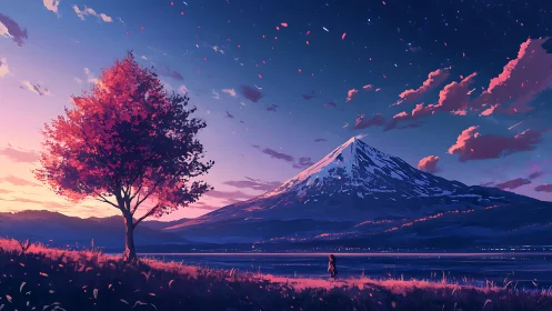 Solitary cherry tree glows at dusk before a snowy mountain.