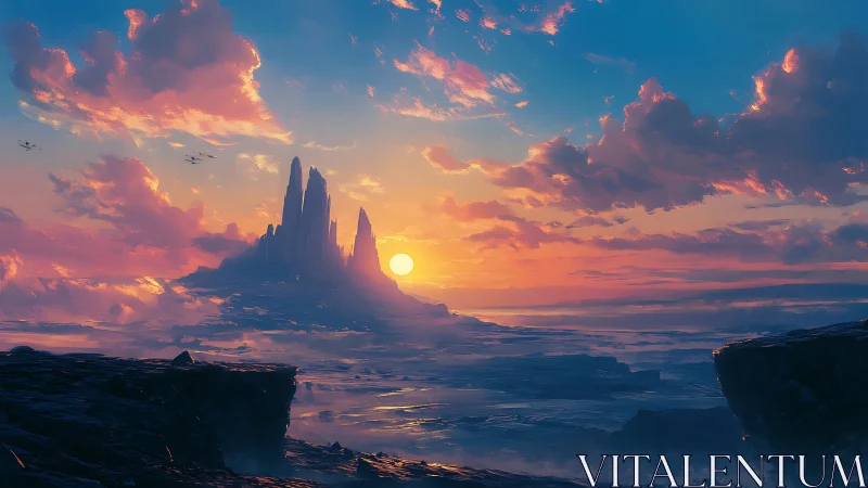 Dreamy alien sunset over crystal spires and soft seas.