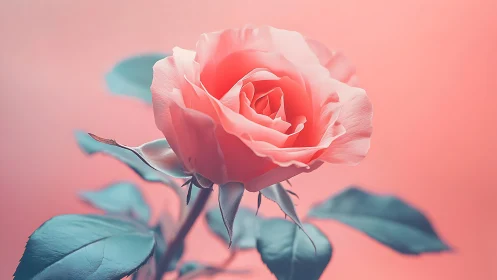 Coral rose blooms against soft pink background.
