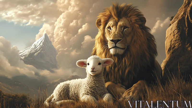 Lion and lamb share golden mountain meadow calm.