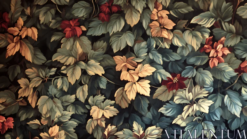 Lush vintage foliage pattern bathes the scene in muted color.