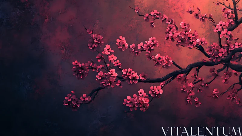 Cherry blossom branch on dark red textured background.