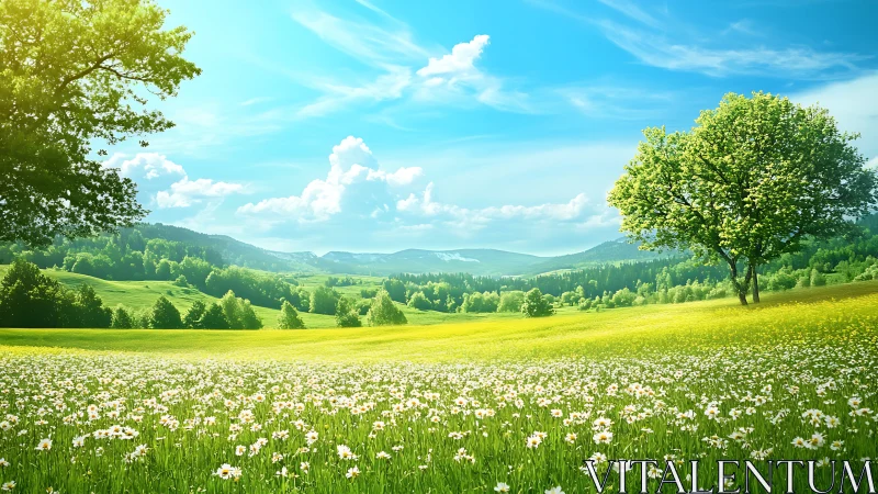 Sunlit daisy meadow under clear sky with distant forest hills