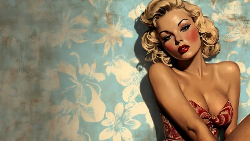 Retro pinup portrait against distressed floral wall background.