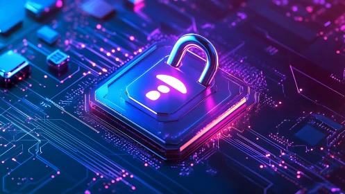 Neon padlock icon on integrated circuit symbolizing secure data