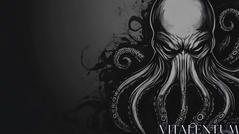 Monochrome eldritch octopus god with coiling tentacles