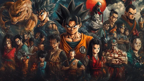 Fiery anime warriors gathered beneath a cosmic dragon storm.