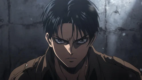 Intense anime soldier stares forward under harsh overhead light