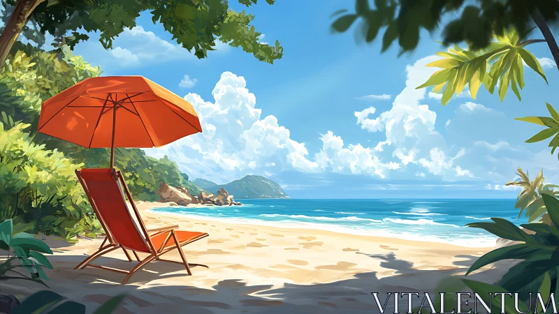 Parasol lounge chair composition with tropical oceanscape vista. Mediterranean retreat.