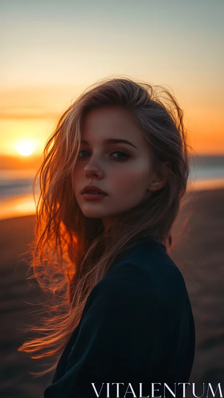 Portrait of young woman at shoreline during golden hour sunset
