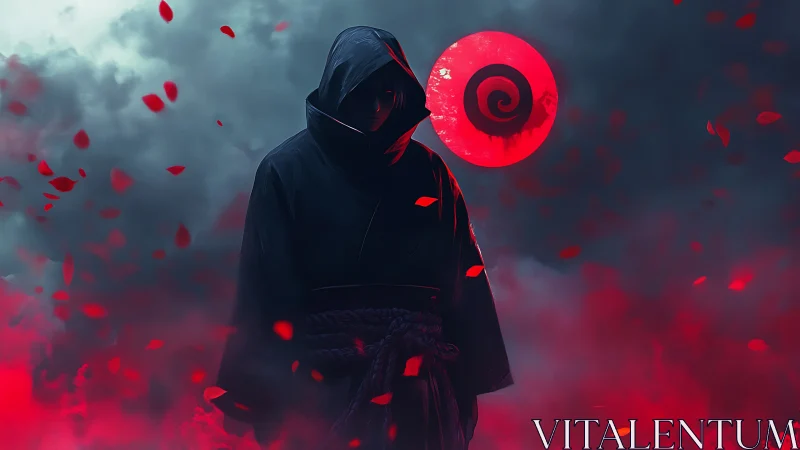 Digital painting of hooded rogue under crimson spiral moon.