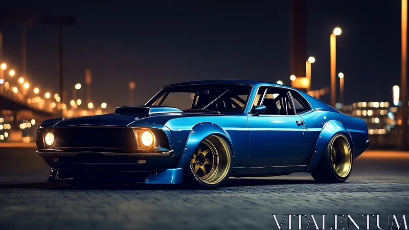 Midnight blue muscle car glowing under soft city lights.