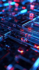 Neon lit circuit-like 3D grid shows glowing red pathways