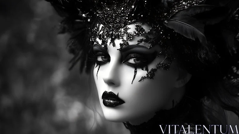 Monochrome portrait with ornate black headdress and makeup.