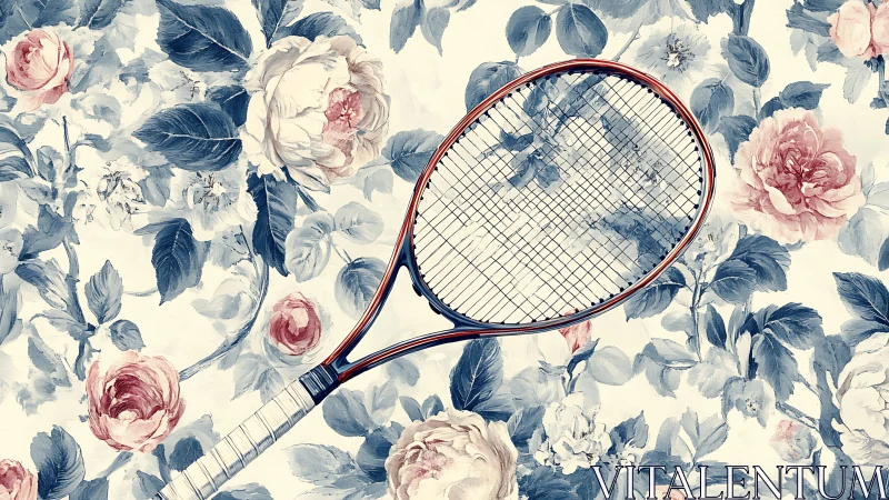 Tennis daydream racquet drifting through vintage florals.