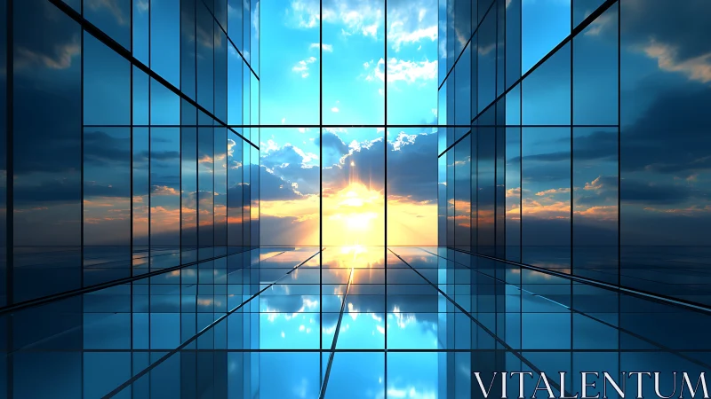 Glass Building Interior with Sunrise Horizon View.