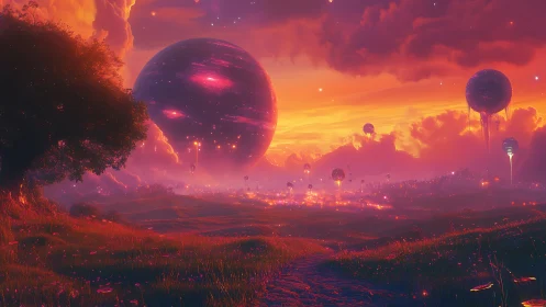 Colossal glowing sphere rises over surreal dusk valley.