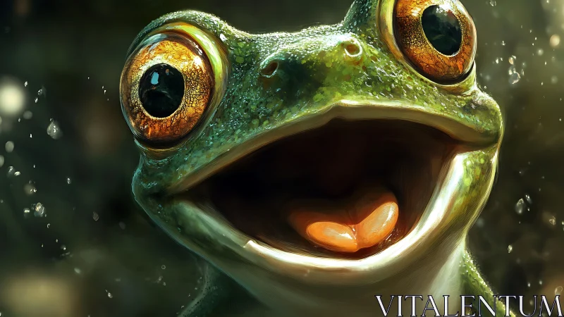 Close frontal view of detailed frog face with water droplets.
