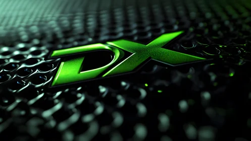 Futuristic green DX logo on metallic textured surface digital art.