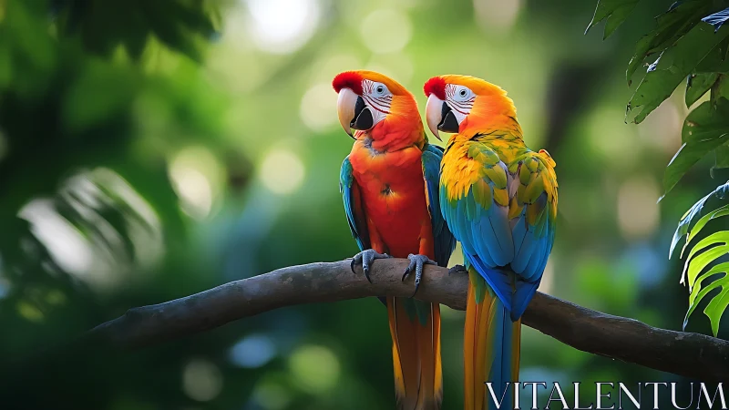 Vibrant parrots on branch in lush tropical jungle, photo-realistic style.