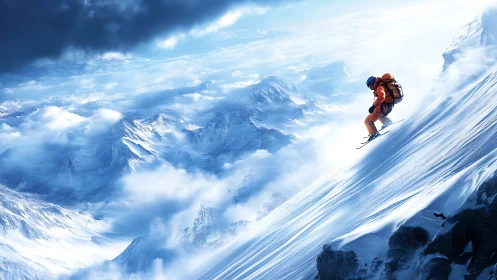 Dynamic digital painting of extreme alpine skier in descent.