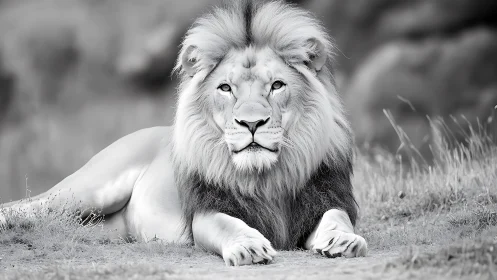 Male lion rests alert on grassland in monochrome closeup