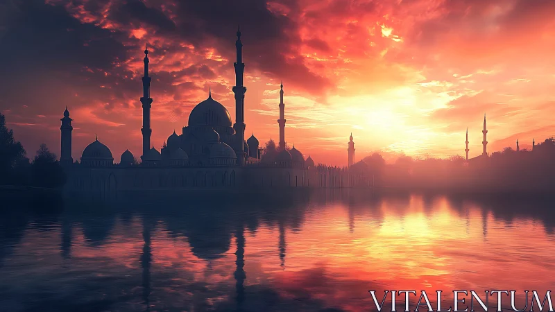 Mosque silhouette glows against blazing crimson sunset sky.