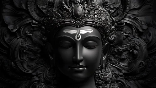 Ornate monochrome 3D deity face sculpture with closed eyes