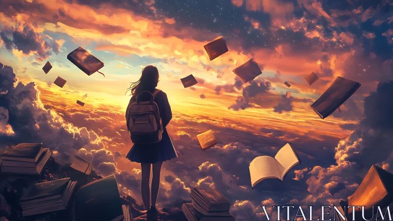 Skybound reader beneath a storm of glowing storybooks.