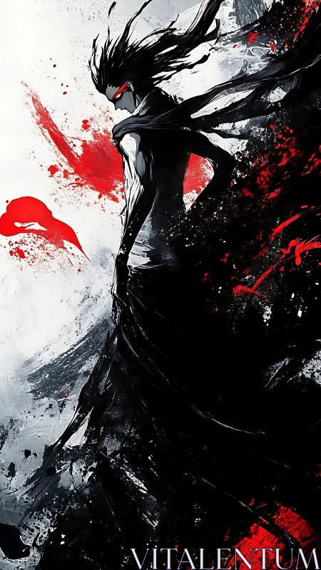 Monochrome ink warrior with red energy burst and trailing cloak