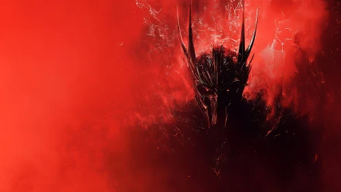 Helmed shadow rises from a bloodred infernal storm.