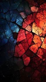 Broken stained glass shards in intense red and blue light.