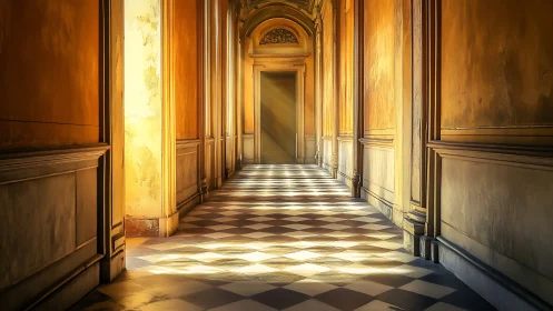Sunlit neoclassical corridor with checkerboard floor optics.