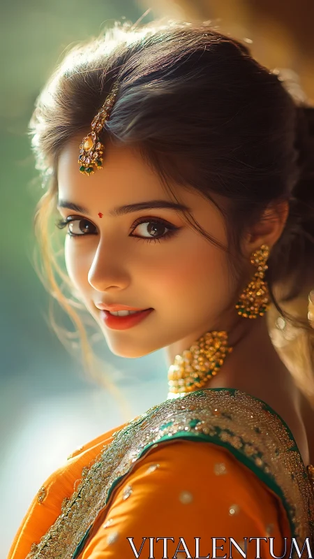 Radiant young woman glows in golden traditional attire