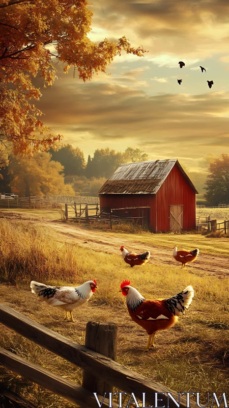 Autumnal Farm Homestead with Roosters at Golden Hour.